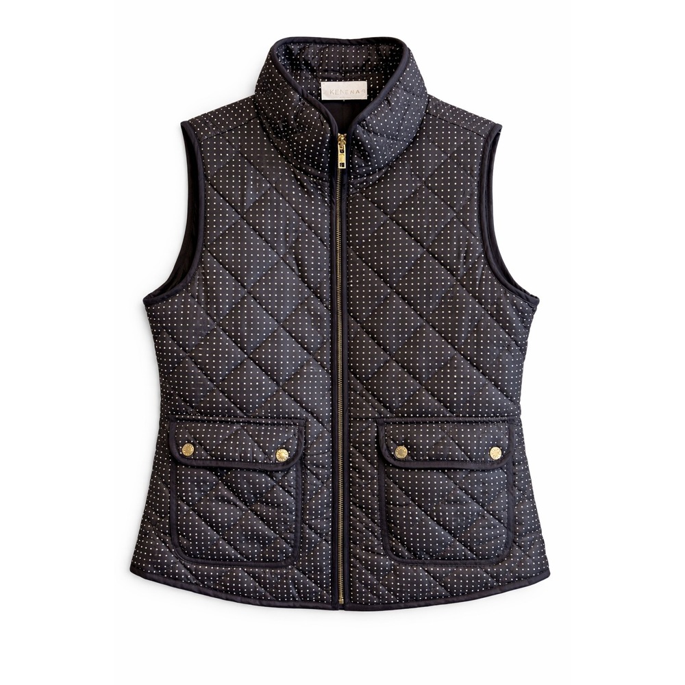 Kenar Quilted Vest Women's‎ Polka Dot Zip Front Puffer Vest Black White Size L